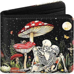 Women's 1 Mushroom Skull Goth Horror Cash Id Holder Blocking Leather Wallet